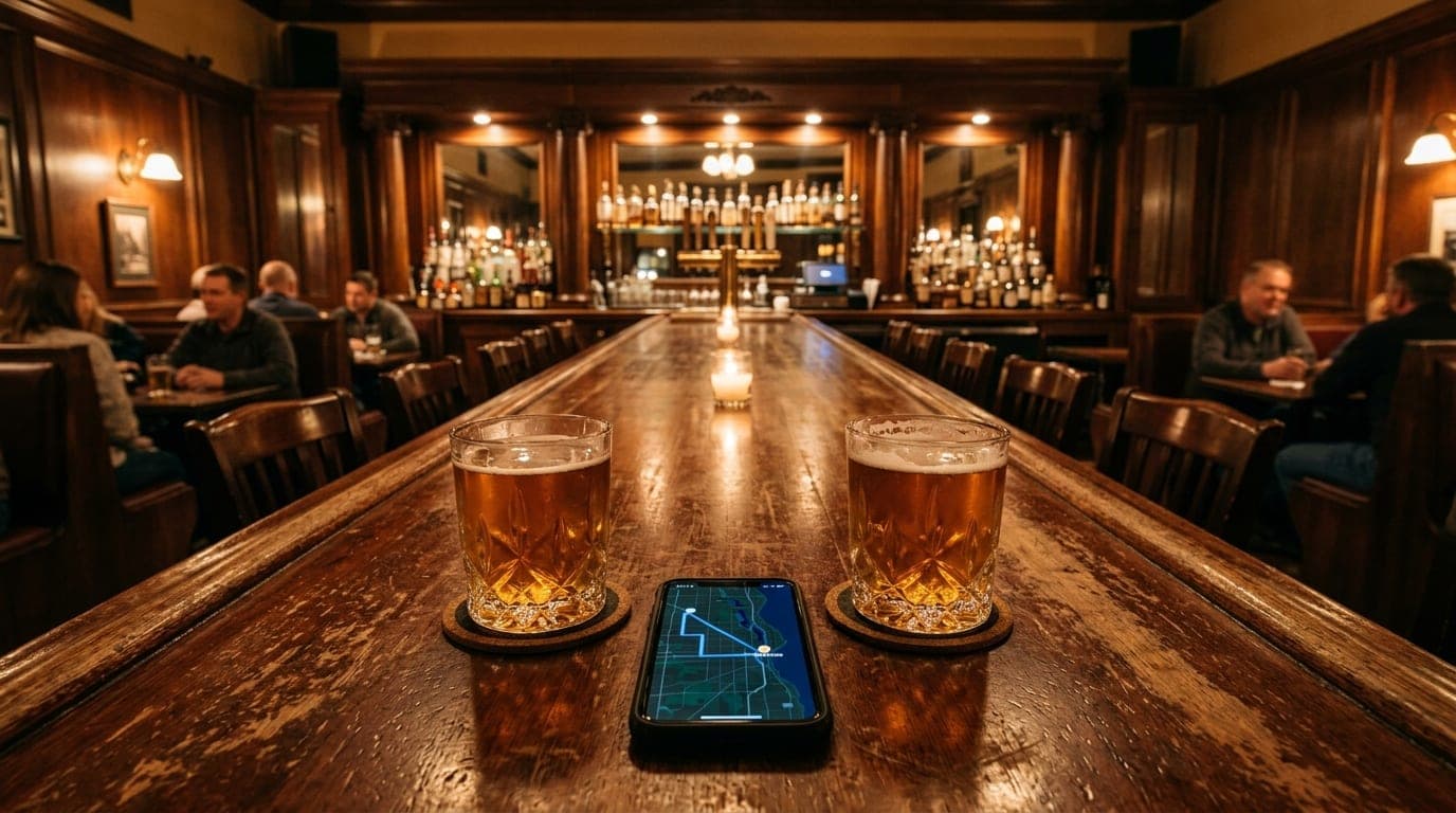 A symmetric wide shot of a wood-paneled Racine tavern bar at night. Two crystal tumblers filled with local craft beer sit...