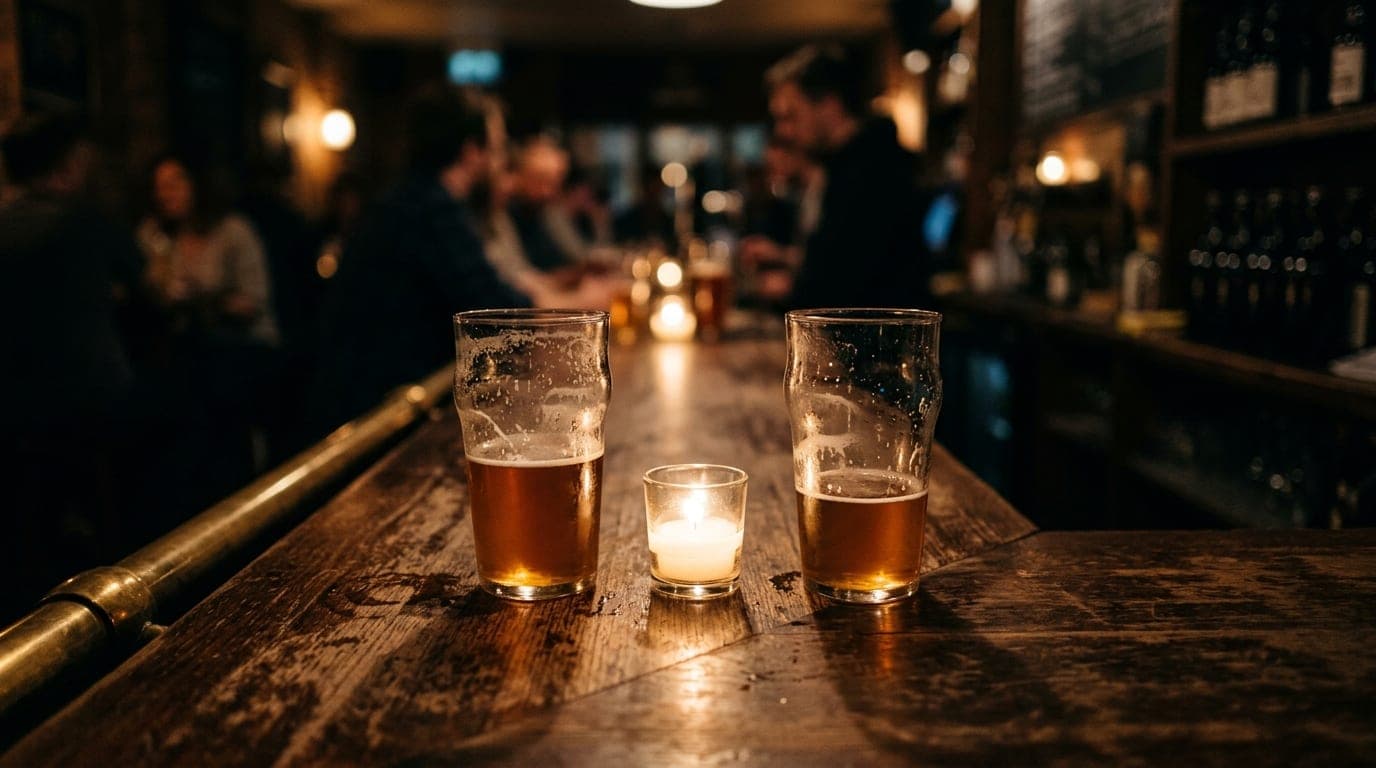 Medium shot of a weathered wooden bar top at Littleport Brewing. Two half-empty craft beer glasses sit beside a single, fl...
