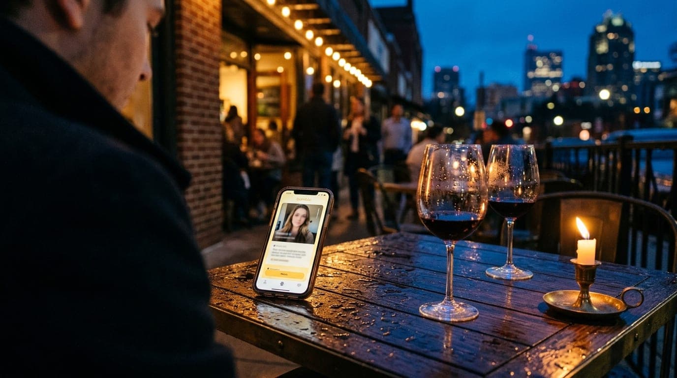 A single smartphone screen displaying a Bumble profile sits on a rain-slicked bistro table outside a Person Street cafe. T...