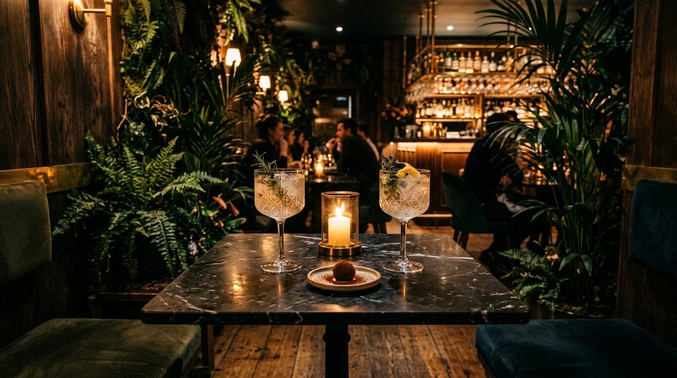 A low-angle, wide-angle shot of a secluded table at Hummingbird. Two half-finished botanical cocktails rest on the marble...
