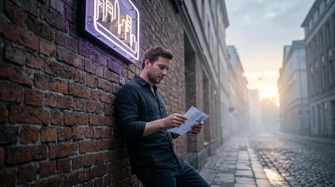 A man in a wrinkled linen shirt leans against a brick wall beneath the neon glow of a downtown bar sign. He holds a crumpl...