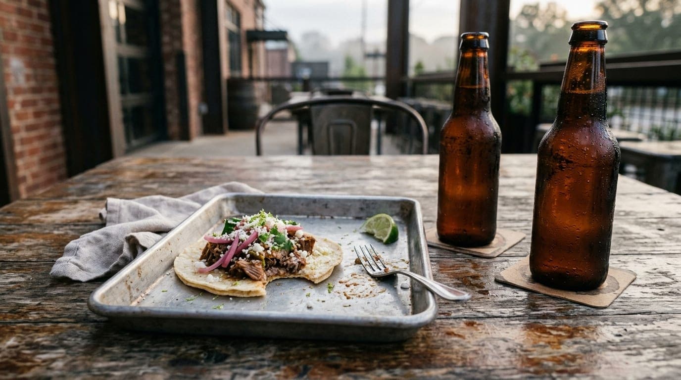 A 100mm macro shot on a weathered outdoor table at Raleigh Iron Works. A single half-eaten taco rests on a metal tray besi...