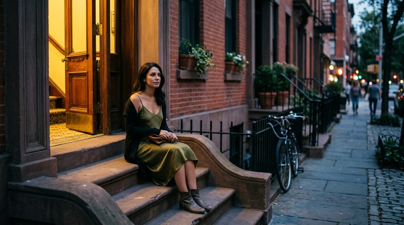 An 85mm shot of a woman in a silk slip dress waiting on a Village District stoop. Warm tungsten light spills from the door...