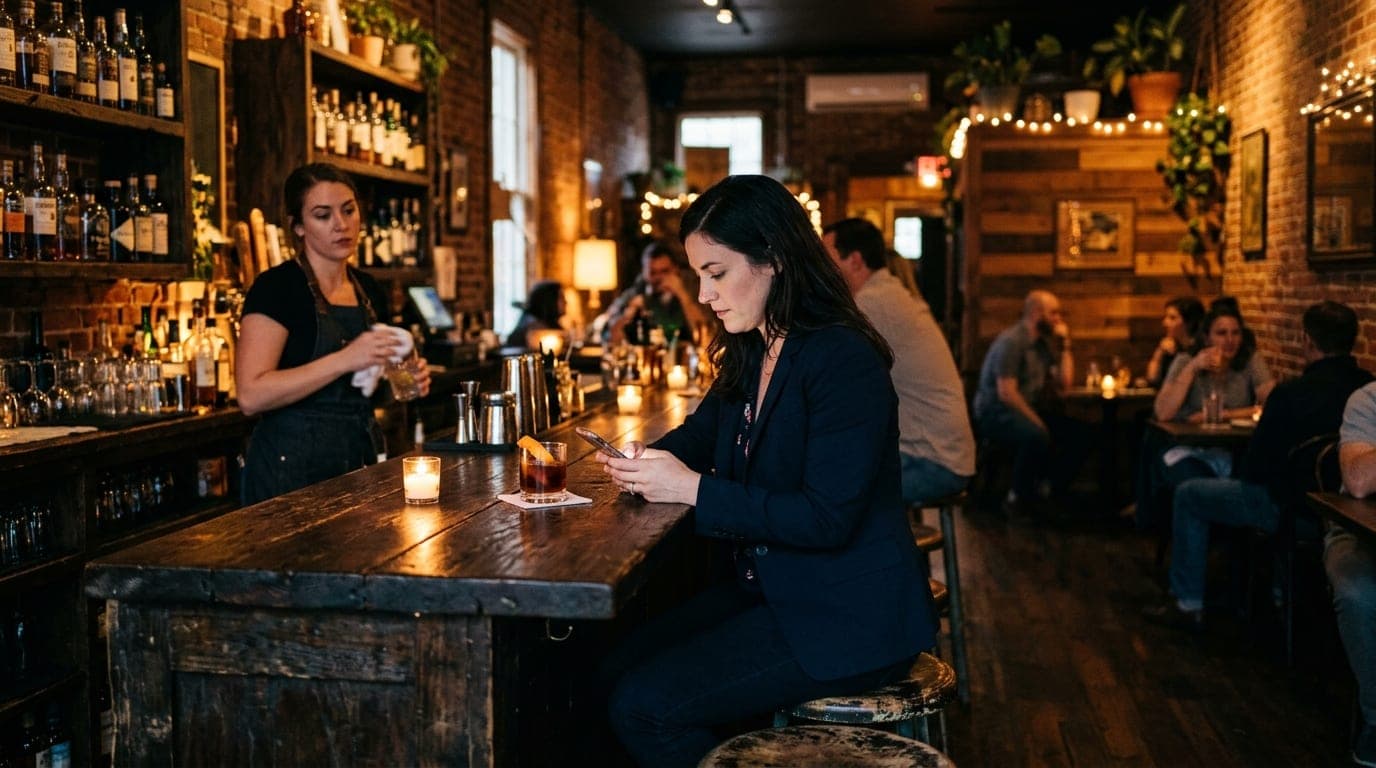 A centered 24mm wide-angle shot inside a dimly candle-lit Raleigh cocktail bar. A woman in a dark blazer checks her phone...