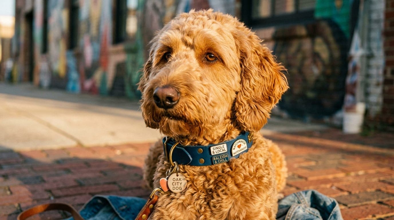 Golden hour sun hits a well-groomed Labradoodle sitting on a brick sidewalk in Raleigh’s Warehouse District. A blurred mur...