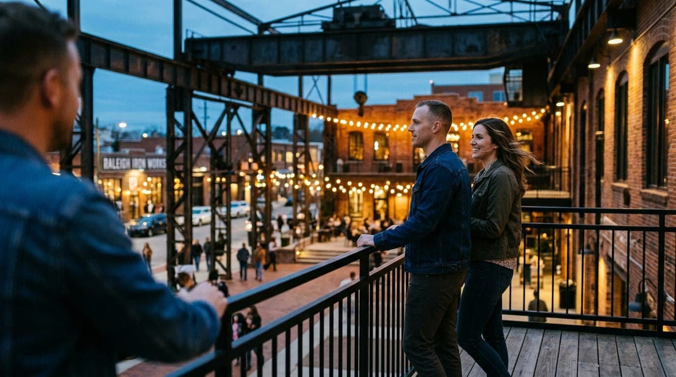 Blue hour at Raleigh Iron Works. A couple in casual evening attire stands near a terrace railing. Selective focus highligh...