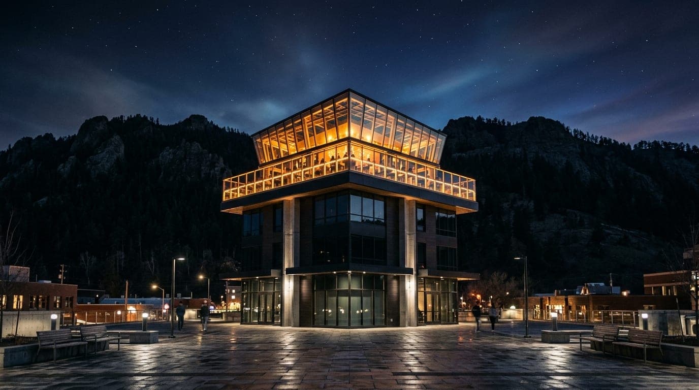 A low-angle, 24mm wide-angle hero shot of the Vertex Sky Bar exterior at midnight, centered perfectly to capture the illum...