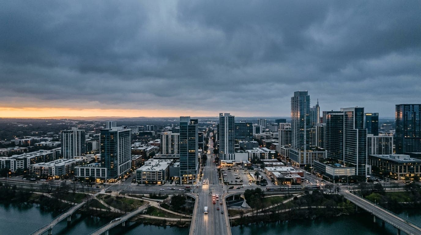An overhead flat-lay of the Pressler Junction district at overcast dawn. The modern, urban architecture occupies the lower...