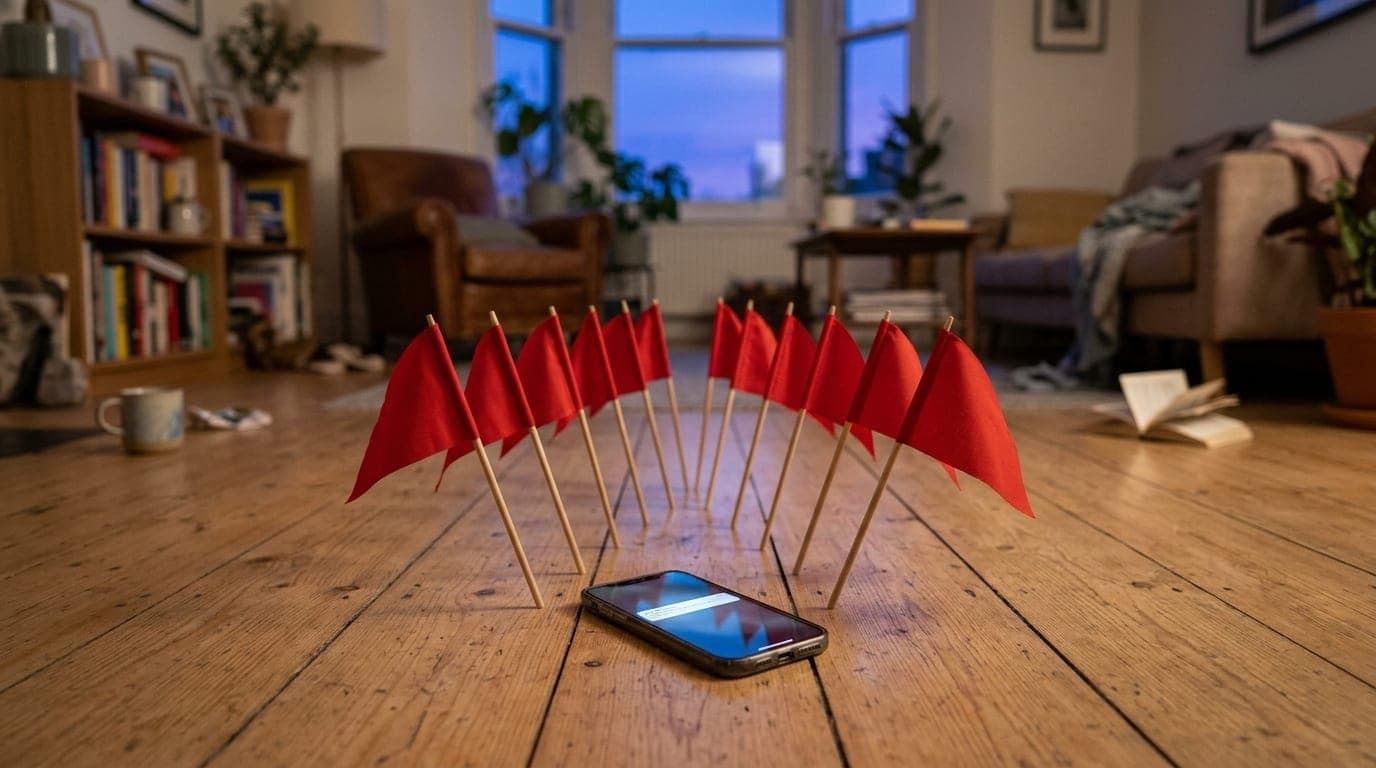 A neatly organized row of red flags stands planted in a modern living room floor, each pointing toward a single, discarded...