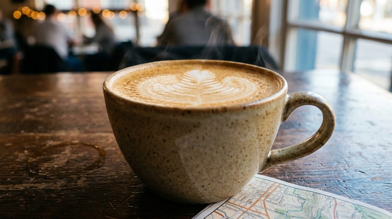 A tight, 100mm macro shot of a steaming ceramic latte at a Theory Coffee wooden table. Noon natural light streams through...