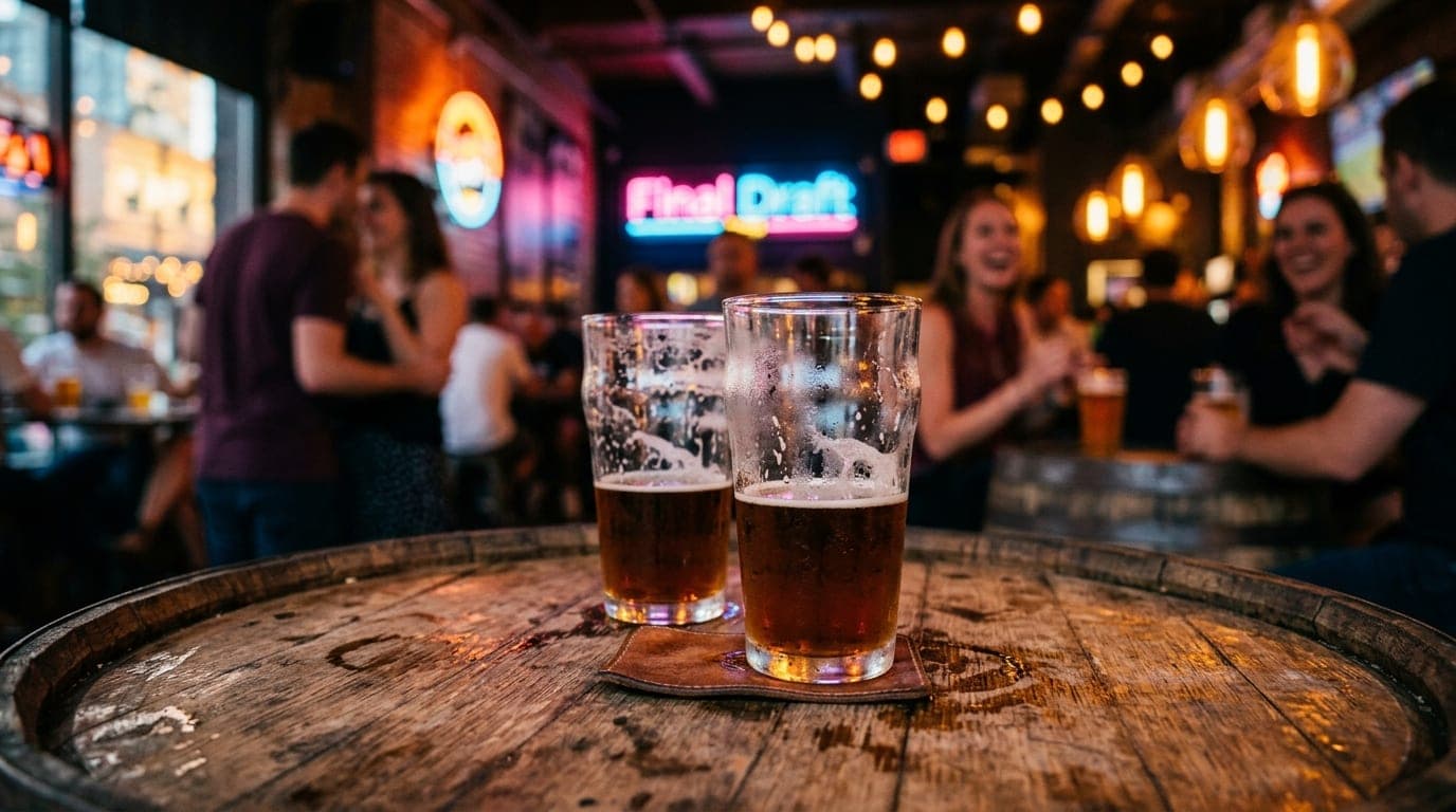 A tilt-shift, eye-level shot of two half-empty pint glasses on a rustic wooden barrel table at a brewery, with the bustlin...
