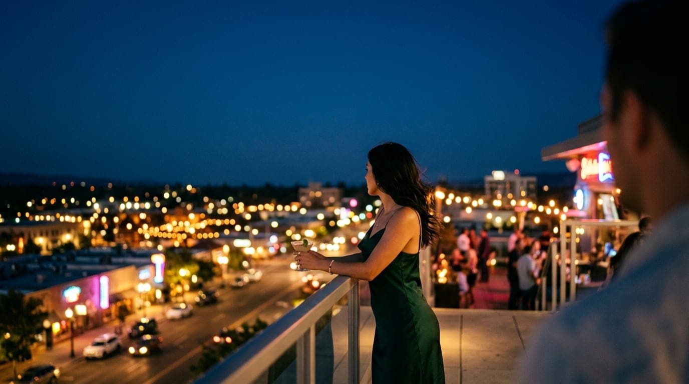 A woman in a silk slip dress leans against a railing at a downtown Redding rooftop bar. Blue hour city lights shimmer behi...