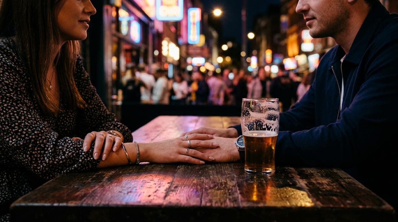 A couple sits at a dark, rustic wooden table at The Dip, hands touching near a half-empty craft beer glass. Warm neon ligh...