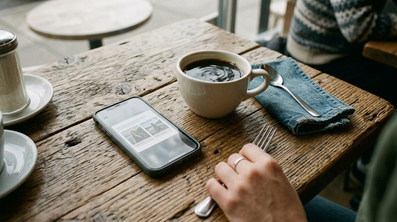 35mm documentary shot, overhead flat-lay. A coffee cup from Evergreen sits on a reclaimed wood table beside an open smartp...