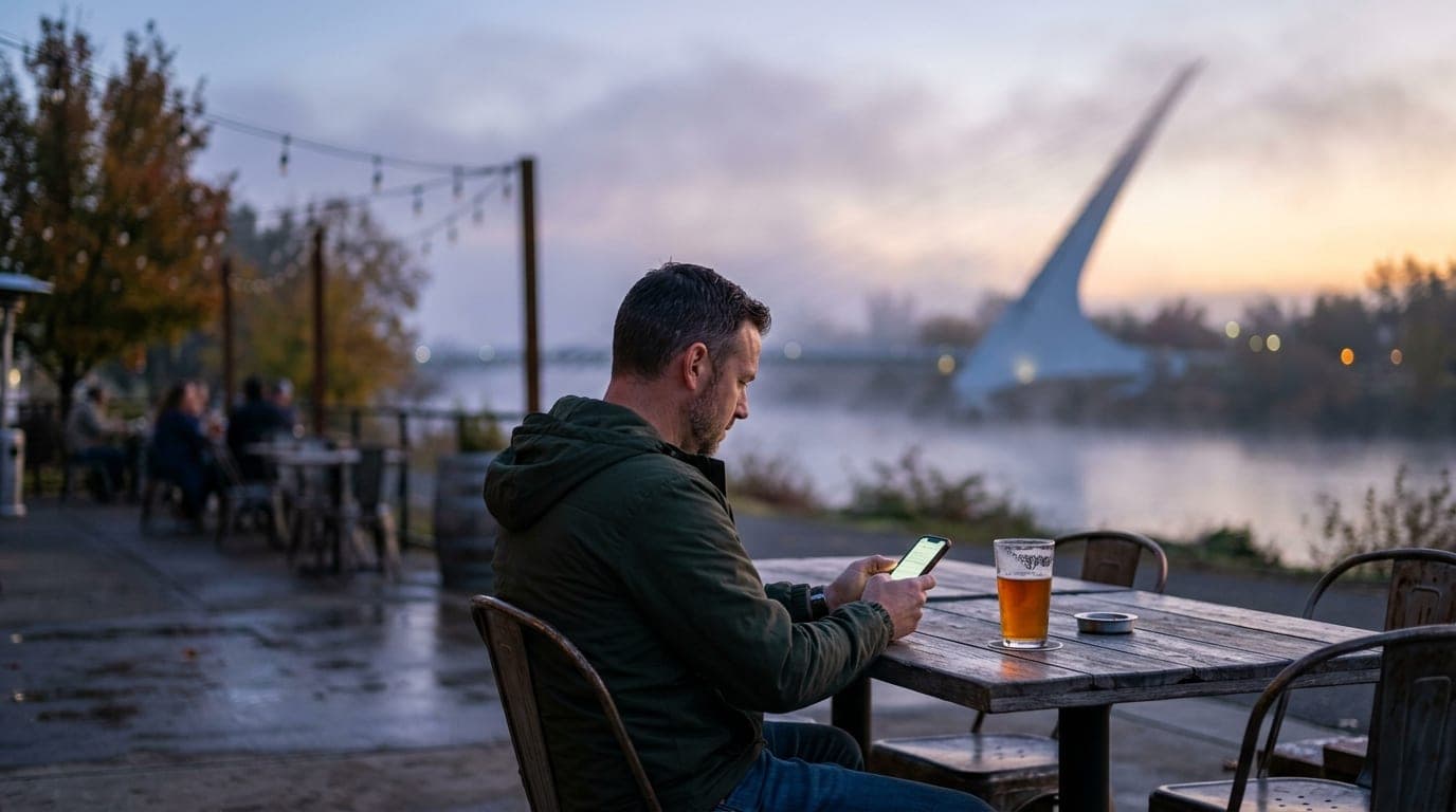 A man sits alone at an outdoor table at a local Redding brewery during blue hour, looking at his smartphone. A half-full p...