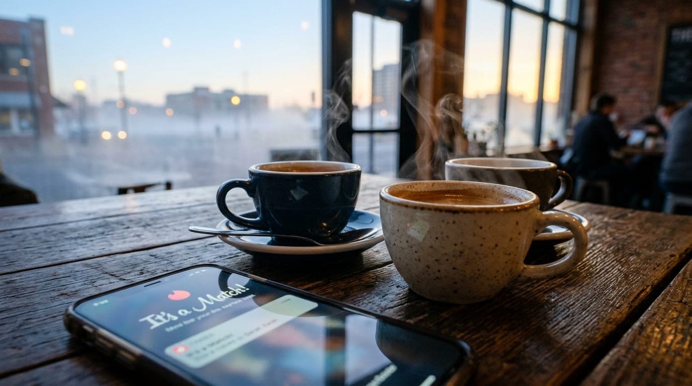 A low-angle, tight-framed hero shot of two steaming ceramic espresso cups on a reclaimed wood table at Theory Collaborativ...