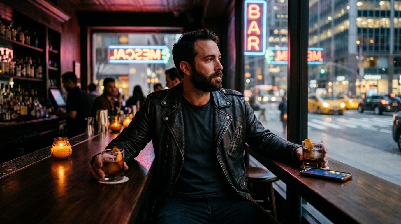 A man in a leather jacket sits at a dimly lit Midtown bar, holding a mezcal cocktail. A glowing smartphone rests on the wo...
