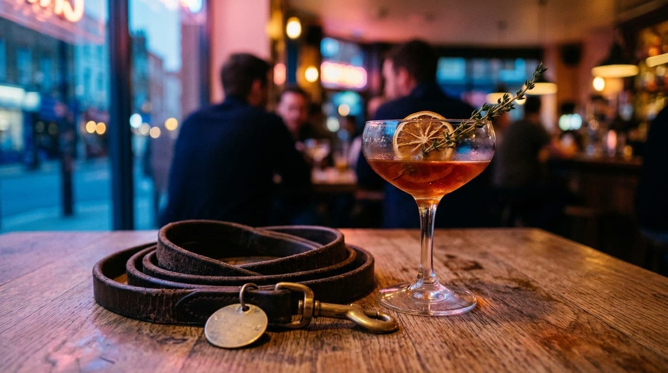 A close-up, 100mm macro shot captures a well-worn leather dog leash coiled next to a half-finished craft cocktail on a rus...