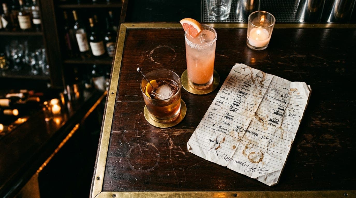 An overhead flat-lay of a mahogany bar top in a dimly lit Reno lounge. Two craft cocktails sit beside a crumpled service i...