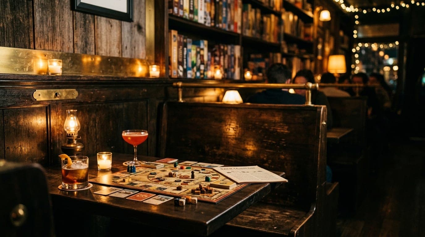 A warm, tungsten-lit corner booth at The Glass Die. Two half-finished craft cocktails sit on the dark wooden table beside...