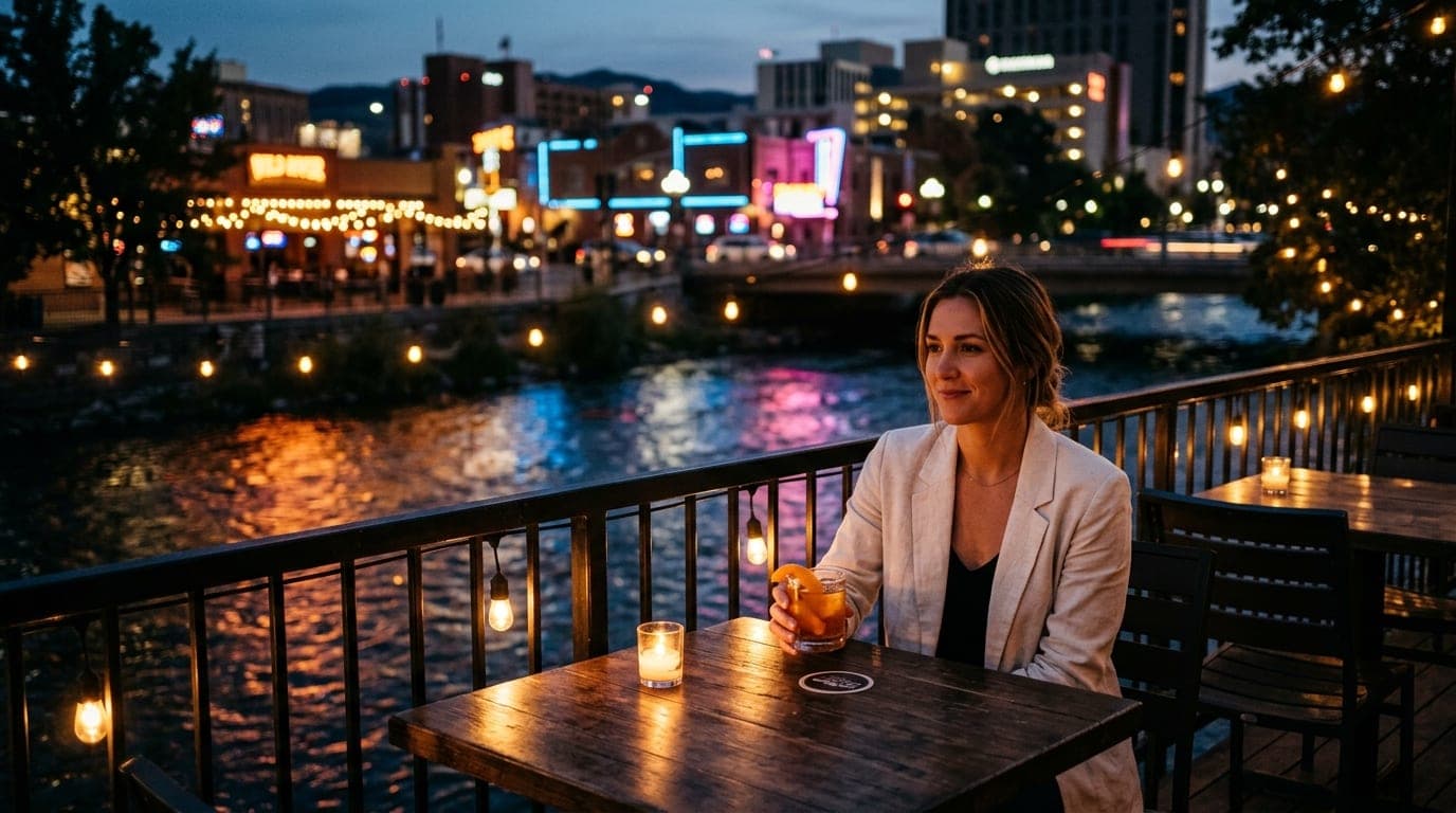 A woman in a light linen blazer sits at an outdoor riverside table, holding a craft cocktail. In the dark background, the...