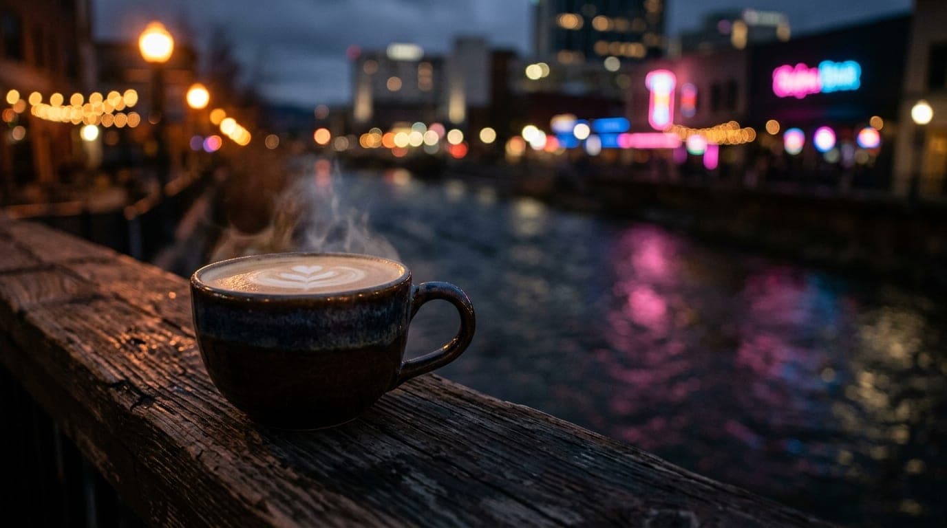 A close-up, 100mm macro shot captures a steaming, ceramic latte mug from Hub Coffee Roasters placed on a weathered wooden...