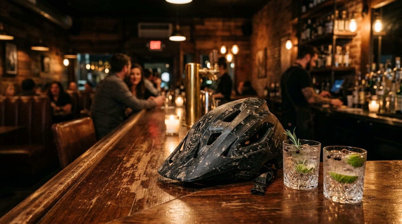 A medium shot inside a dimly lit Reno cocktail bar. A muddy mountain bike helmet sits on the wooden counter beside two hal...
