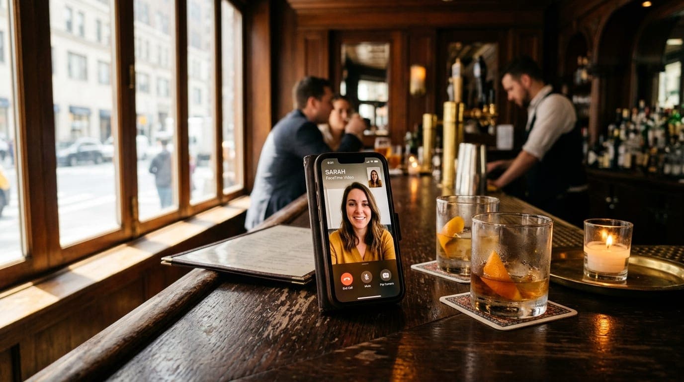 A close-up 35mm shot at a bright Midtown bar. A smartphone displaying a clear FaceTime verification call rests beside two...