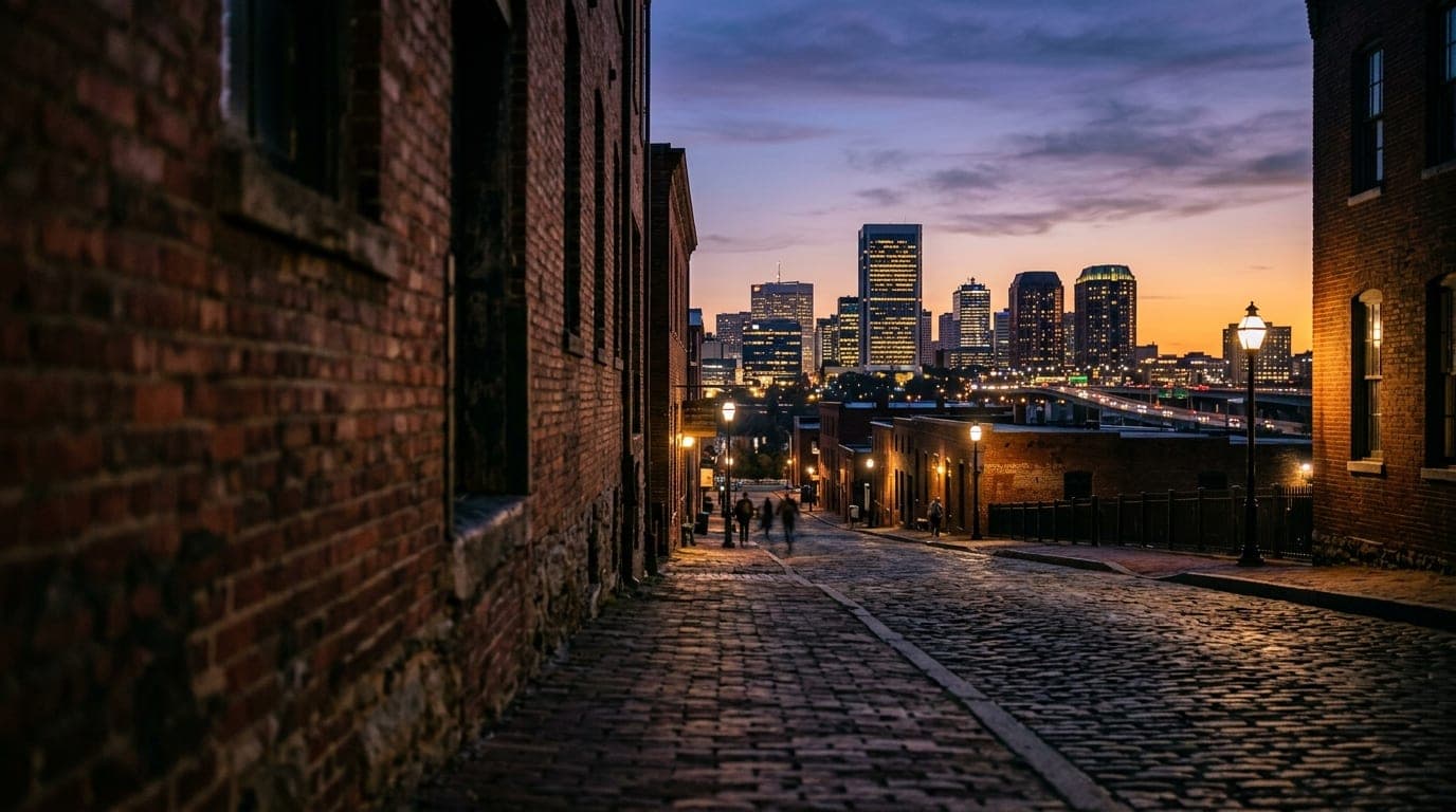 A weathered brick warehouse wall sits in soft focus, with leading lines of cobblestone streets drawing the eye toward the...