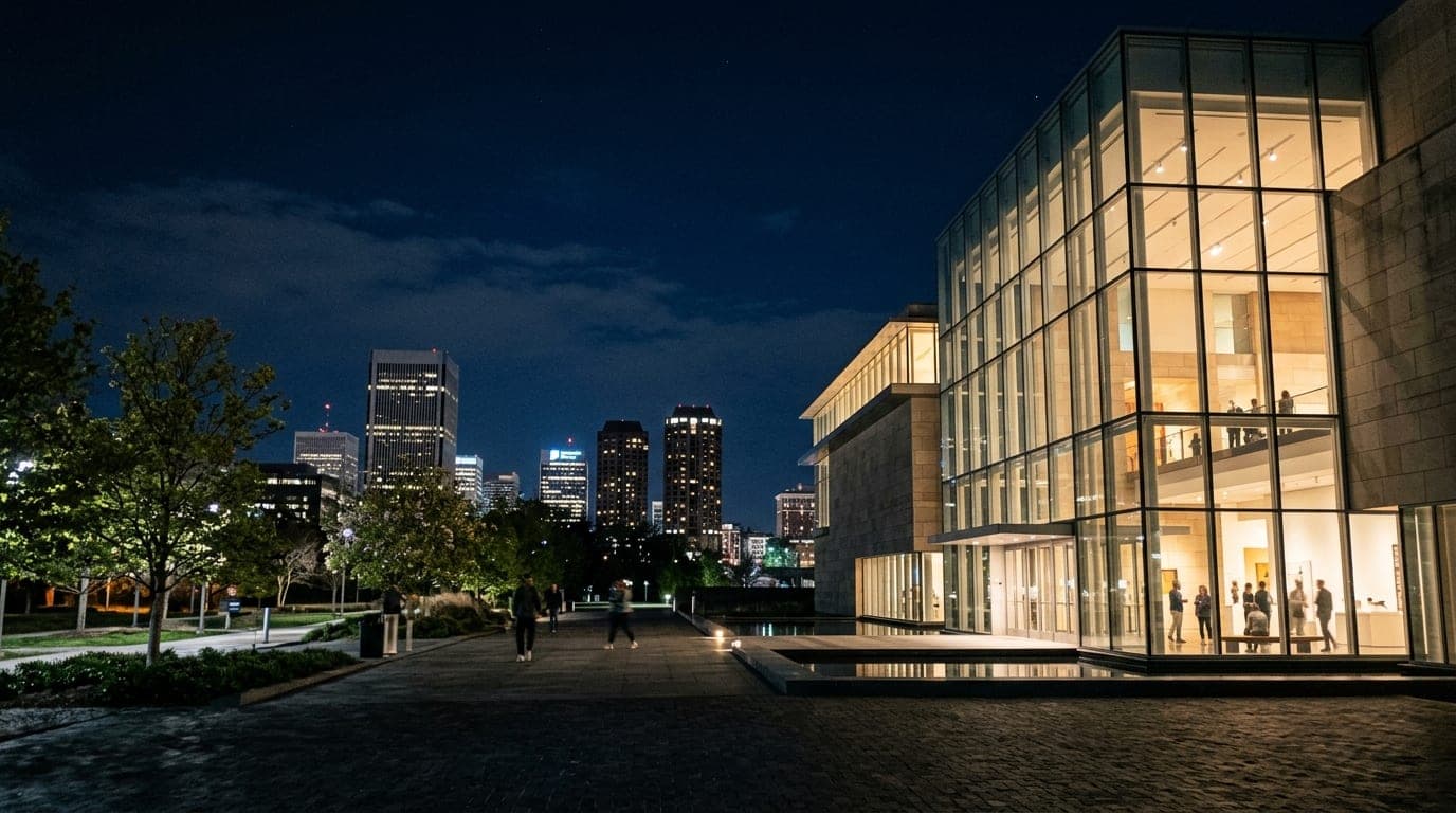 A low-angle shot of the VMFA’s grand, illuminated glass architecture at midnight, framed on the right third against a deep...