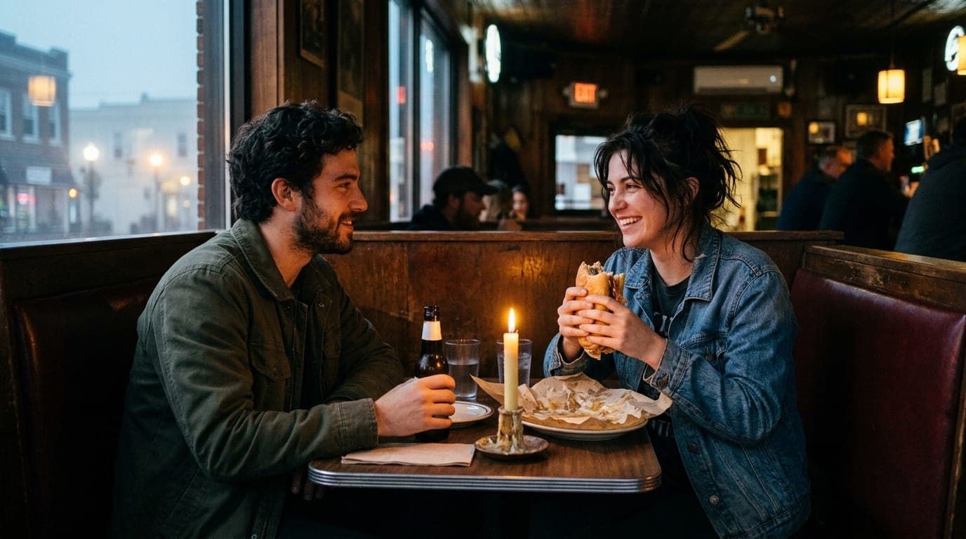 A couple sits in a dim, candle-lit Richmond dive bar booth, offset right. The woman, in a worn denim jacket, holds a greas...