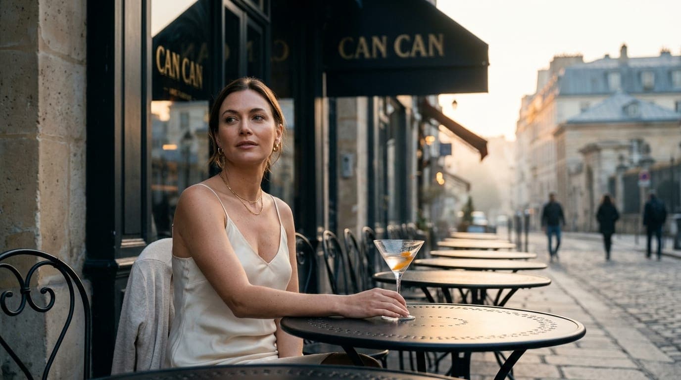 A woman in a cream silk camisole sits at an iron bistro table outside Can Can. A single half-empty cocktail glass sits bef...