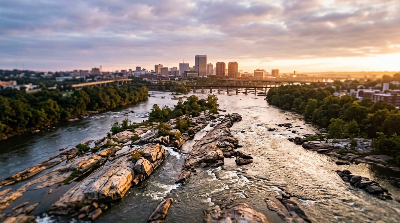 Overhead tilt-shift view of the sun-drenched Belle Isle rock formations at dawn. Sharp focus on the glistening river curre...