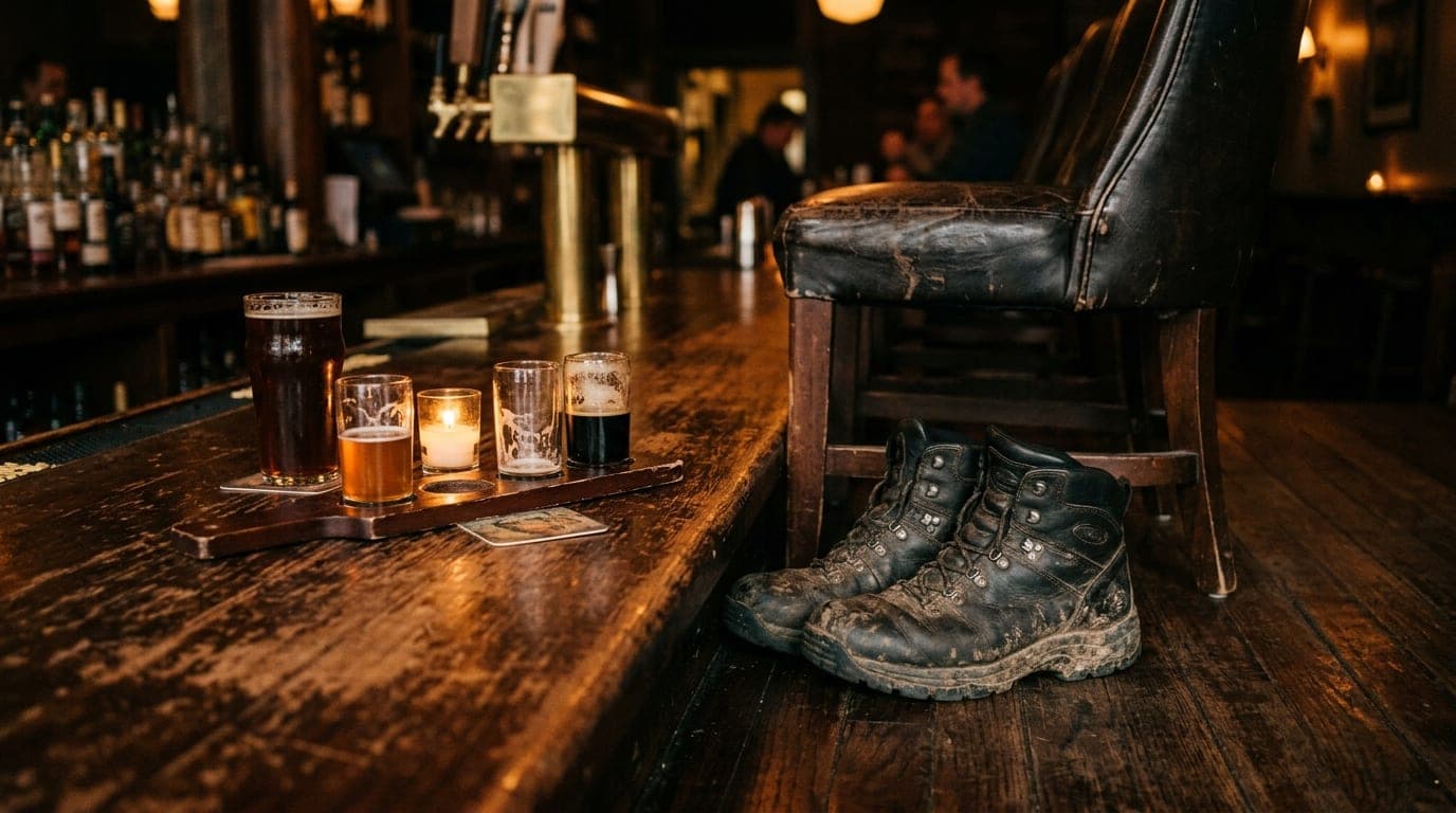 A well-worn leather bar stool sits in a low-lit Carytown tavern. A pair of rugged, mud-streaked hiking boots rest beside a...