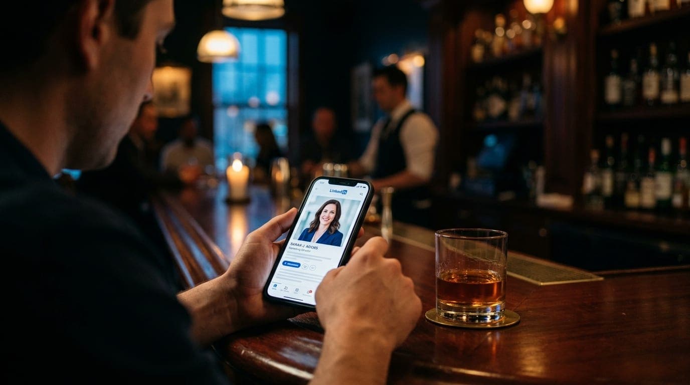 Over-the-shoulder macro focus on a smartphone screen showing a professional LinkedIn headshot. Beside it, a single glass o...