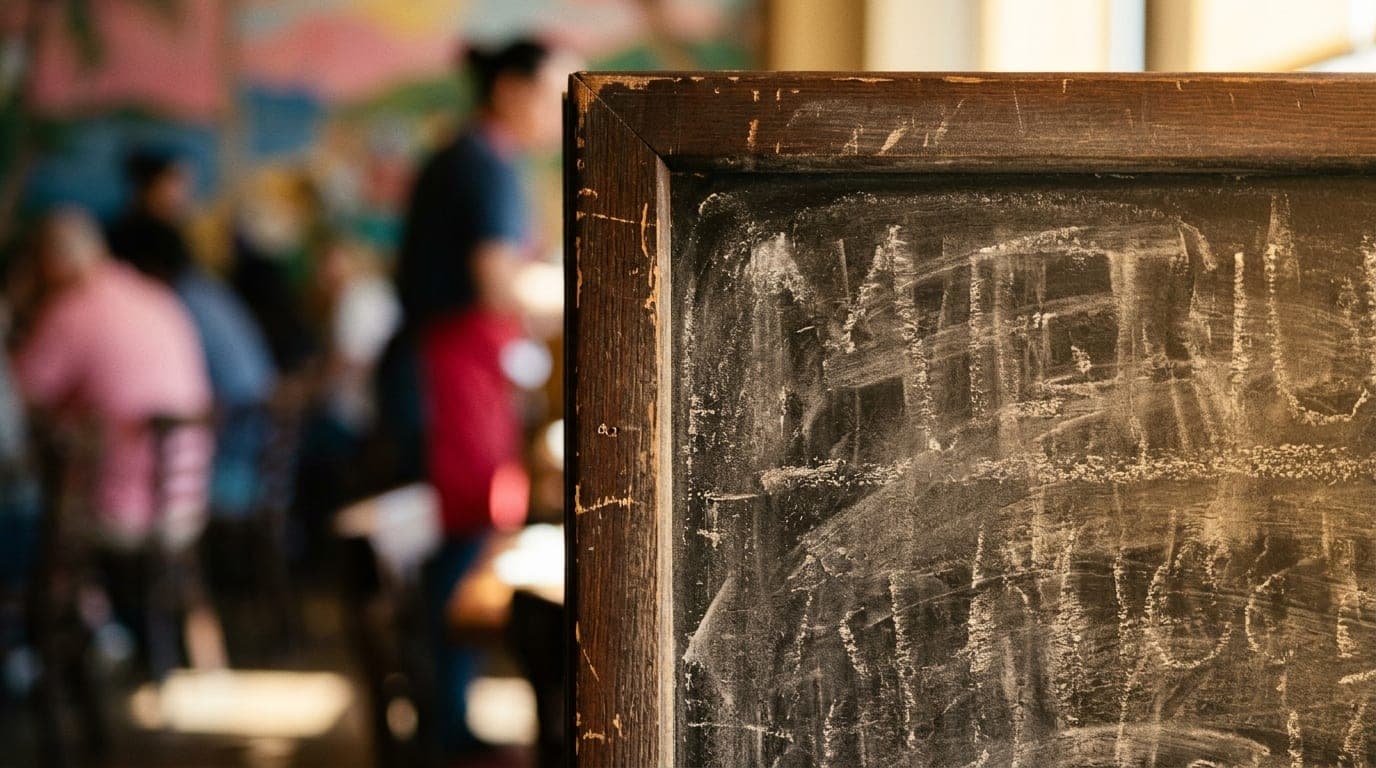 A close-up, 100mm macro shot captures a weathered, handwritten menu board featuring local taco favorites. Noon sunlight st...