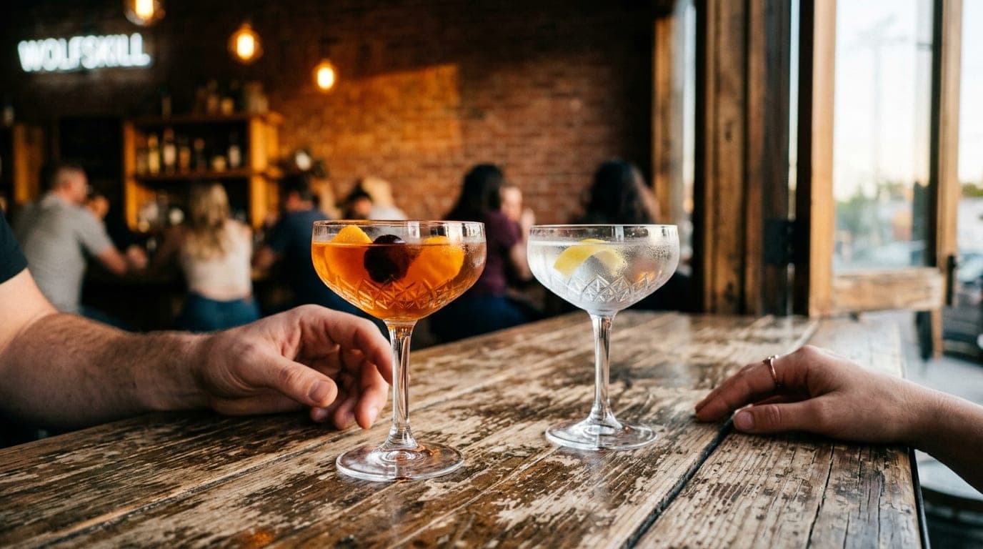 Golden hour light hits two crystal cocktail coupes on a weathered wooden table at Wolfskill. Selective focus blurs the moo...