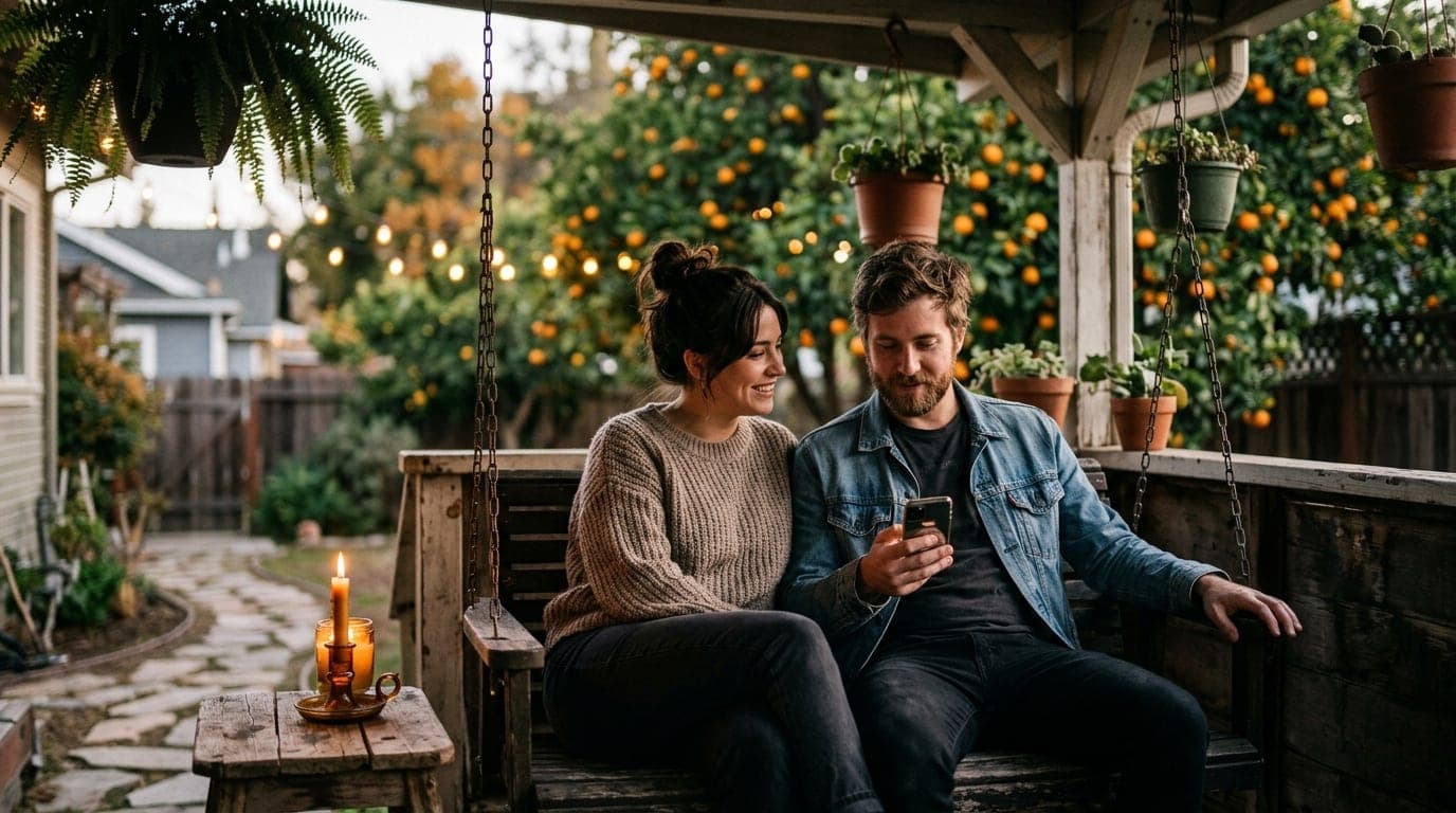 A couple sits on a dark wood porch swing in a Canyon Crest backyard. Candlelight flickers on a wooden side table, illumina...