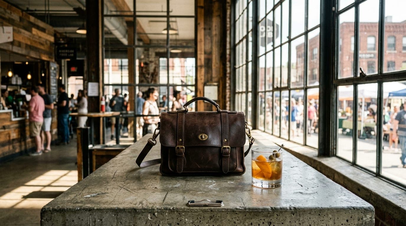 Noon sunlight streams through the industrial windows of the Riverside Food Lab, illuminating a single leather handbag and...