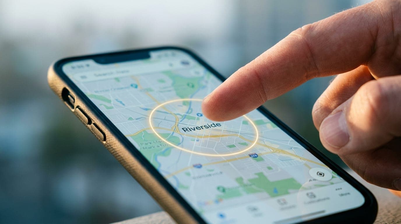 A 100mm macro shot captures a finger hovering over a map of Riverside on a smartphone screen, highlighting a 15-mile radiu...
