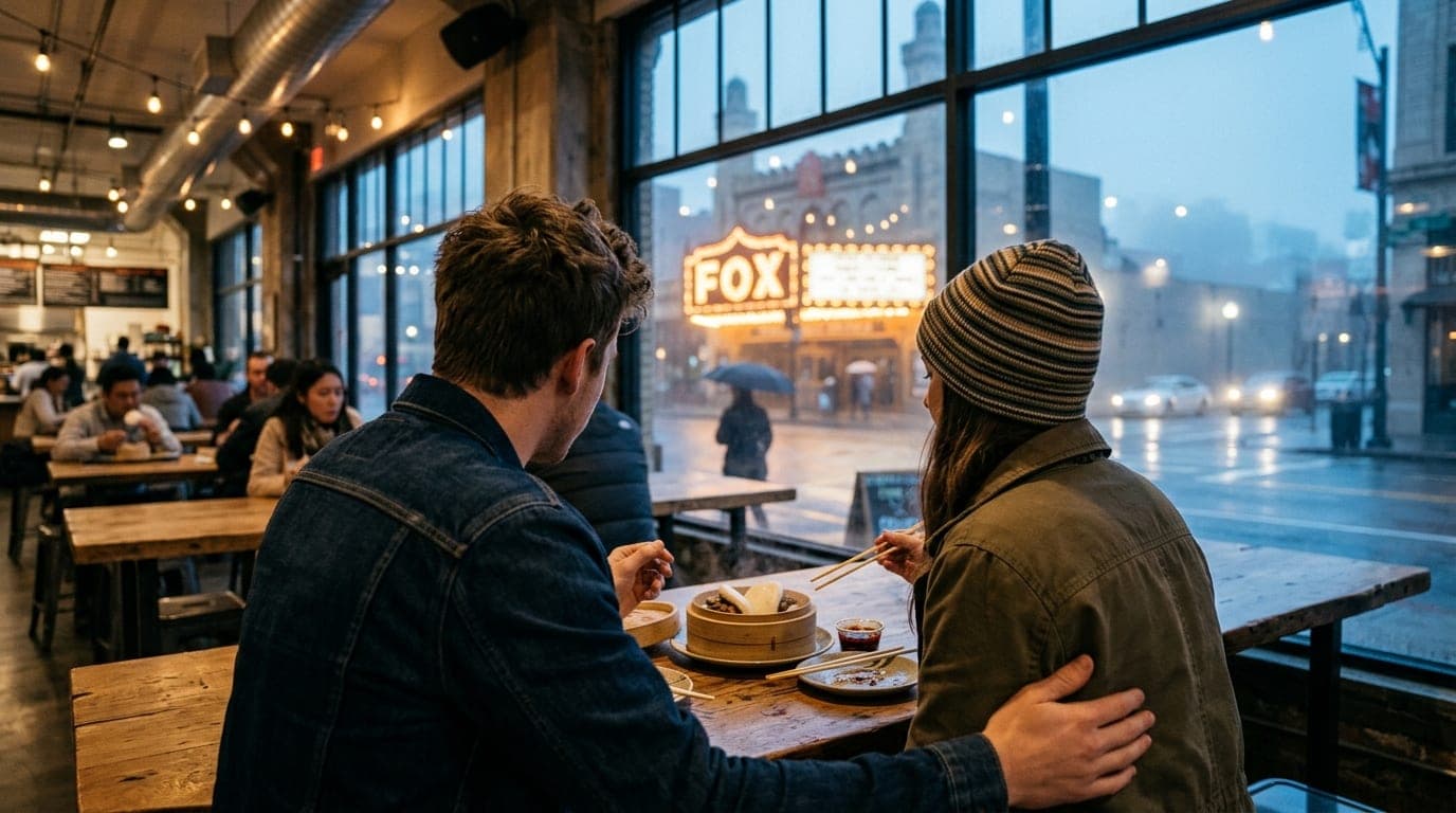 Over-the-shoulder shot at blue hour, looking past a couple sharing bao buns at a communal table in the Food Lab, with the...