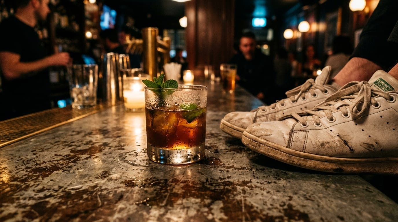 Low-angle macro shot of a weathered zinc bar top at midnight. A sweaty, condensation-covered craft cocktail sits beside a...