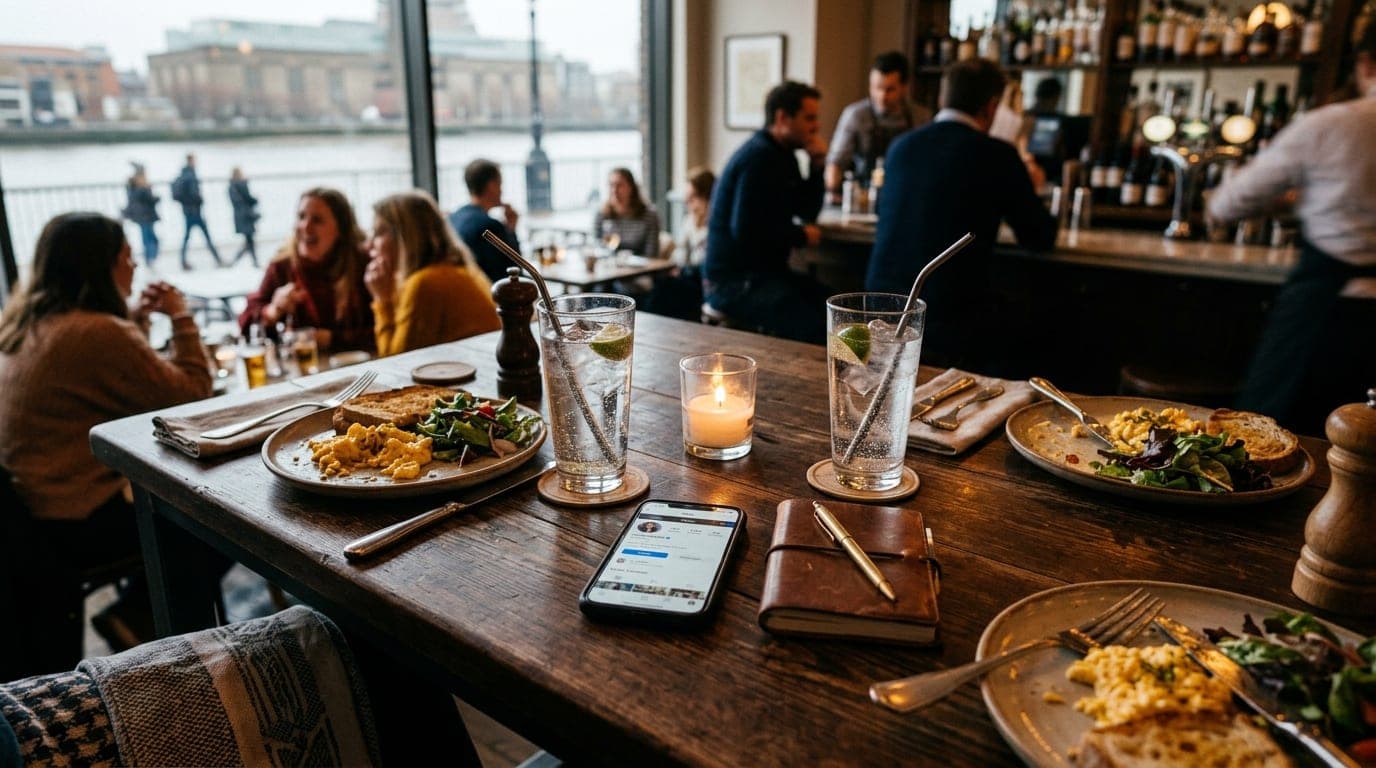 Overhead flat-lay shot of a bustling, well-lit Riverside bistro table. A smartphone with a verified blue check profile sit...