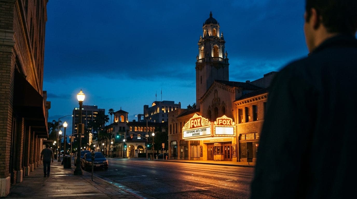 The historic Fox Performing Arts Center marquee glows warmly in the lower third, casting amber light onto the empty Downto...