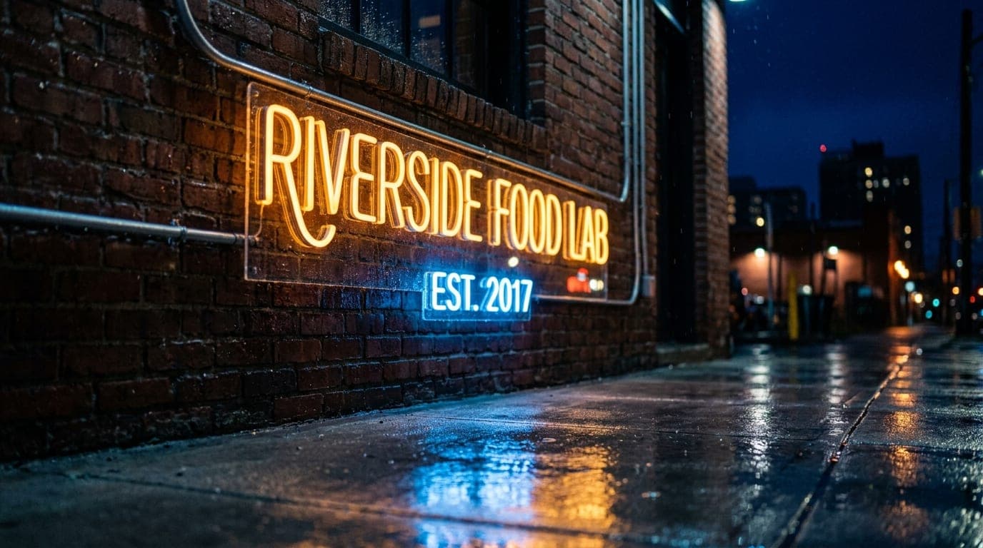 A low-angle, 100mm macro shot of the Riverside Food Lab’s industrial brick facade at midnight, capturing the glowing neon...