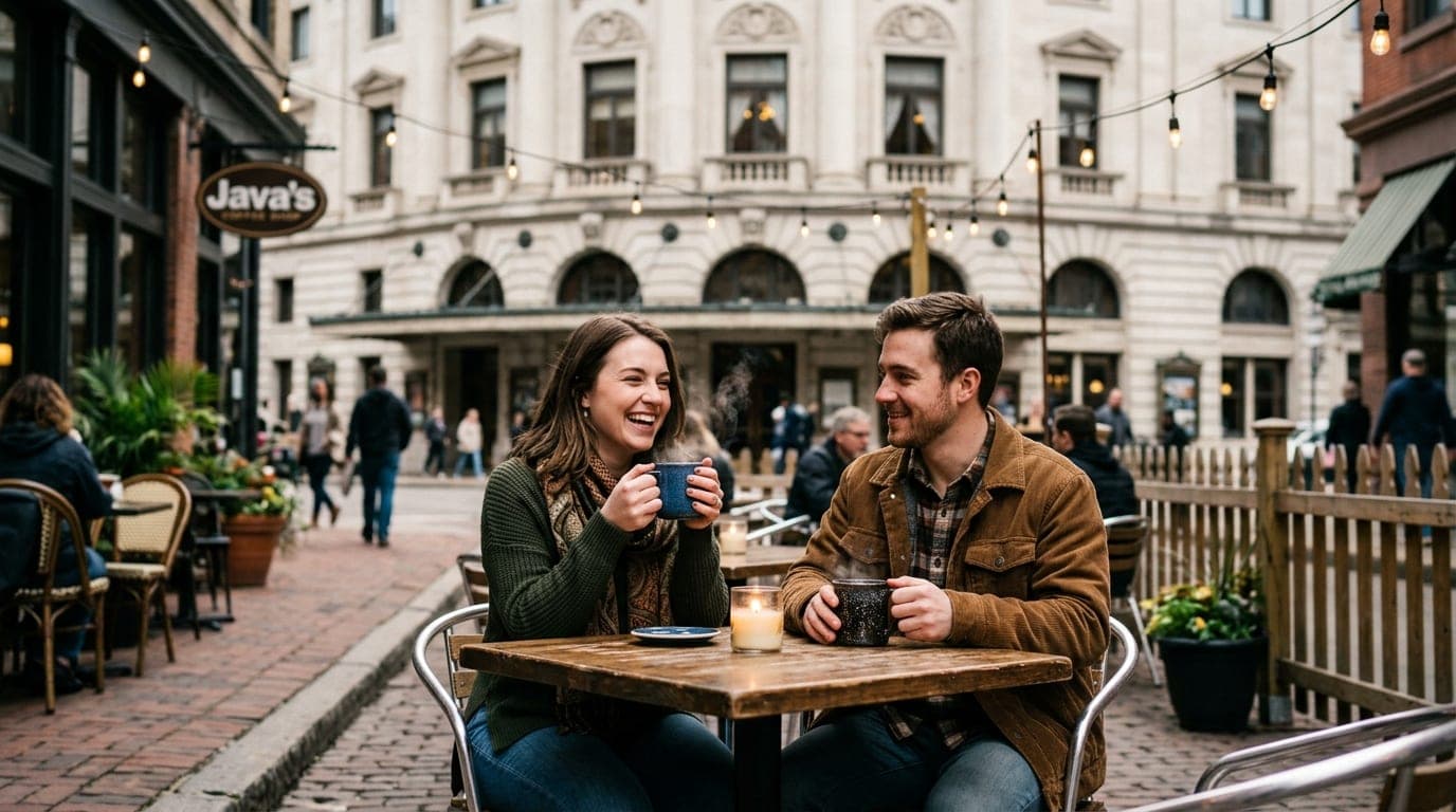 A couple sits at an outdoor table at Java’s, clutching steaming ceramic mugs. Tilt-shift focus blurs the chaotic Eastman S...