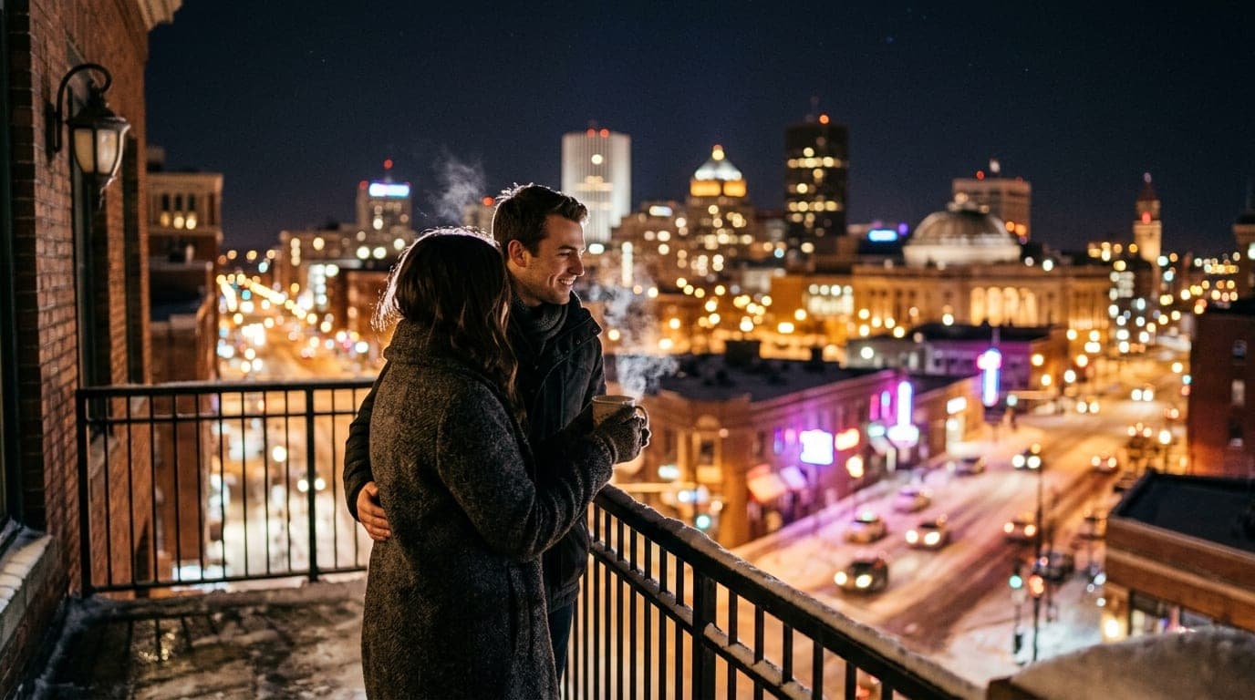 A couple stands on a snow-dusted balcony overlooking the glowing Rochester skyline at midnight. The person in the foregrou...