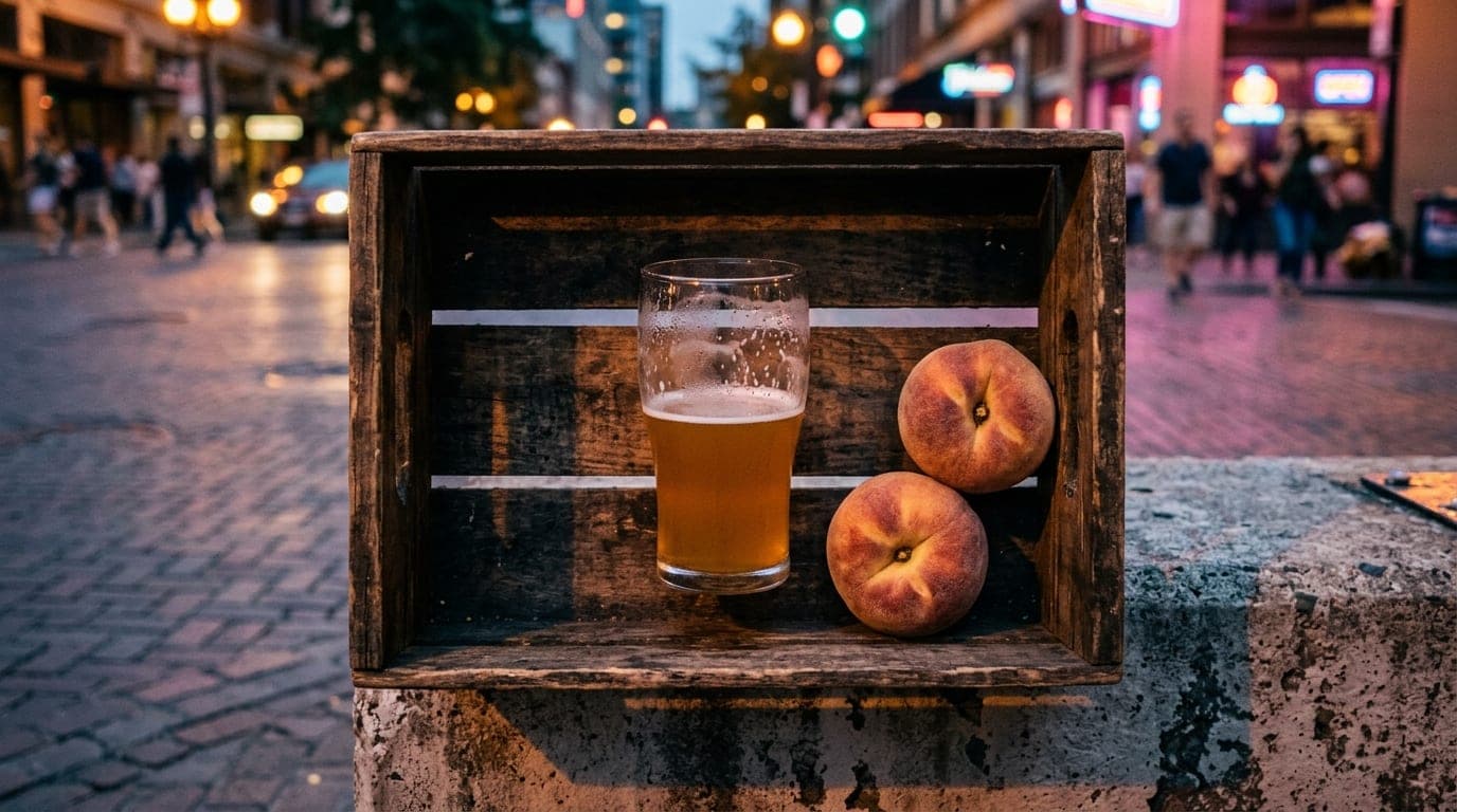 An overhead flat-lay of a worn wooden Public Market crate holding a half-empty craft beer glass and two artisanal peaches....