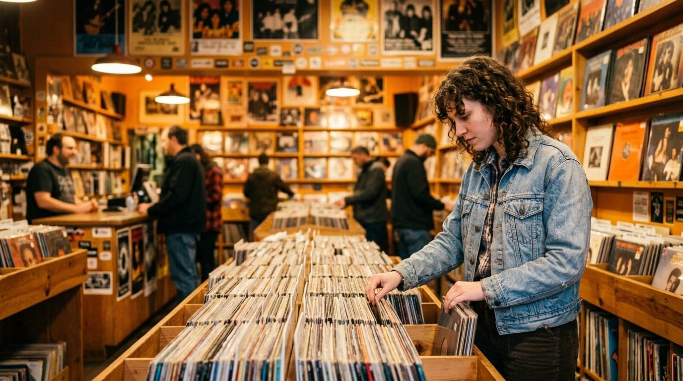 A woman in a vintage denim jacket browses vinyl at Record Archive, offset right. Warm tungsten interior lighting glows aga...