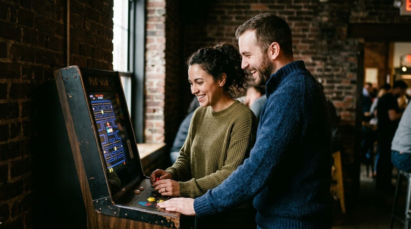 A couple in casual sweaters plays a vintage arcade game at Swillburger, illuminated by the flickering, multicolored glow o...